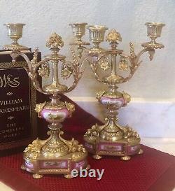 Antique Candelabras Bronze French Louis XV Style Pink Porcelain SIGNED Pair