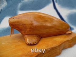 Antique Carved Wood Figure Alaskan Walrus Animal Pair Sculpture, Signed