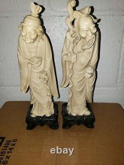 Antique Chinese Carved Signed Figurine His & Her Pair
