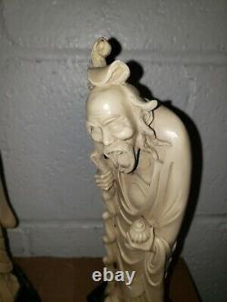 Antique Chinese Carved Signed Figurine His & Her Pair