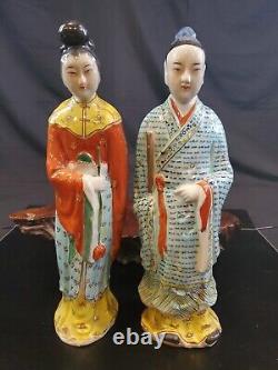 Antique Chinese Famille Rose Porcelain Pair of Court Mandarin And Wife Figurines