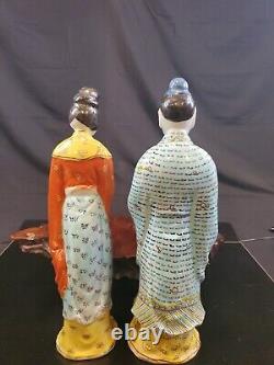 Antique Chinese Famille Rose Porcelain Pair of Court Mandarin And Wife Figurines