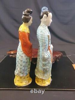 Antique Chinese Famille Rose Porcelain Pair of Court Mandarin And Wife Figurines