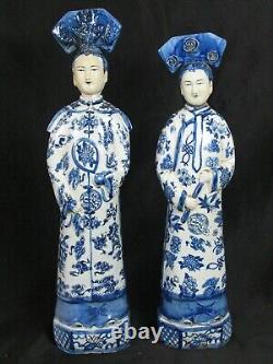 Antique Chinese Figurine Statues/Bottles Pair of Man & Woman Signed Blue & White