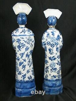 Antique Chinese Figurine Statues/Bottles Pair of Man & Woman Signed Blue & White