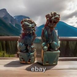 Antique Chinese Foo Dog Lion Guardian Old Pair Turquoise Blue Glazed Signed