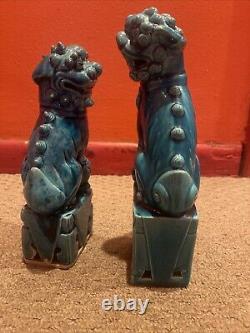 Antique Chinese Foo Dog Lion Guardian Old Pair Turquoise Blue Glazed Signed