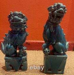 Antique Chinese Foo Dog Lion Guardian Old Pair Turquoise Blue Glazed Signed