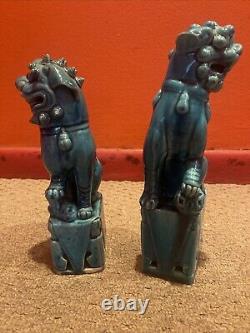 Antique Chinese Foo Dog Lion Guardian Old Pair Turquoise Blue Glazed Signed