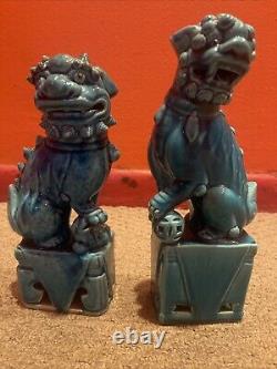 Antique Chinese Foo Dog Lion Guardian Old Pair Turquoise Blue Glazed Signed