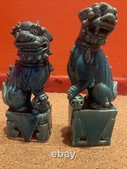 Antique Chinese Foo Dog Lion Guardian Old Pair Turquoise Blue Glazed Signed