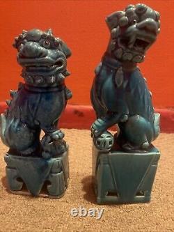 Antique Chinese Foo Dog Lion Guardian Old Pair Turquoise Blue Glazed Signed