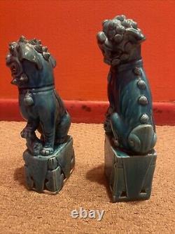 Antique Chinese Foo Dog Lion Guardian Old Pair Turquoise Blue Glazed Signed