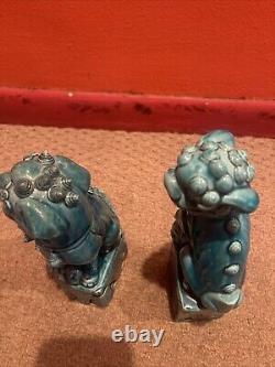 Antique Chinese Foo Dog Lion Guardian Old Pair Turquoise Blue Glazed Signed