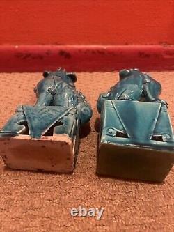 Antique Chinese Foo Dog Lion Guardian Old Pair Turquoise Blue Glazed Signed