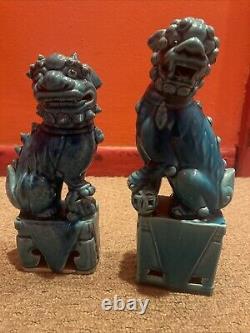 Antique Chinese Foo Dog Lion Guardian Old Pair Turquoise Blue Glazed Signed