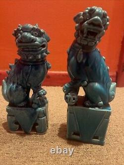 Antique Chinese Foo Dog Lion Guardian Old Pair Turquoise Blue Glazed Signed