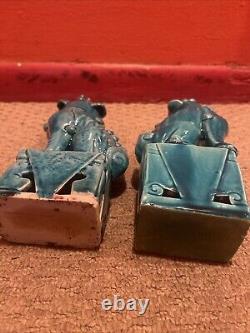 Antique Chinese Foo Dog Lion Guardian Old Pair Turquoise Blue Glazed Signed