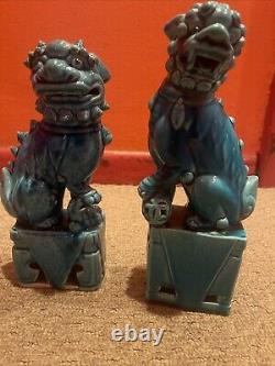 Antique Chinese Foo Dog Lion Guardian Old Pair Turquoise Blue Glazed Signed