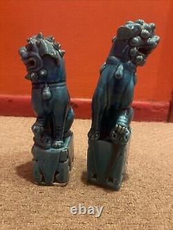 Antique Chinese Foo Dog Lion Guardian Old Pair Turquoise Blue Glazed Signed