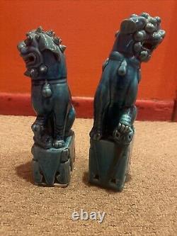 Antique Chinese Foo Dog Lion Guardian Old Pair Turquoise Blue Glazed Signed