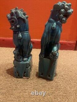 Antique Chinese Foo Dog Lion Guardian Old Pair Turquoise Blue Glazed Signed