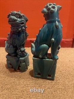 Antique Chinese Foo Dog Lion Guardian Old Pair Turquoise Blue Glazed Signed