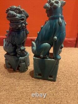 Antique Chinese Foo Dog Lion Guardian Old Pair Turquoise Blue Glazed Signed