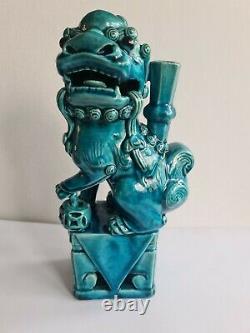 Antique Chinese Foo Fu Dog Ceramic Candlesticks Turquoise Glaze Pair Dogs Seal