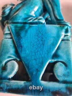 Antique Chinese Foo Fu Dog Ceramic Candlesticks Turquoise Glaze Pair Dogs Seal