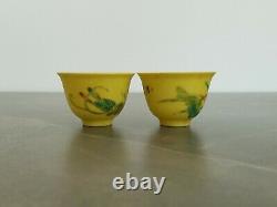 Antique Chinese Imperial Yellow Miniature Porcelain Cups Pair. Signed