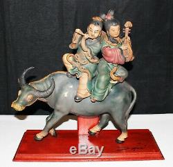 Antique Chinese Musical Couple on Bull Pottery Roof Tile Figure on Stand, Signed