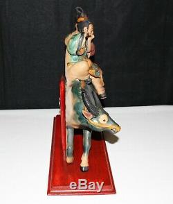 Antique Chinese Musical Couple on Bull Pottery Roof Tile Figure on Stand, Signed