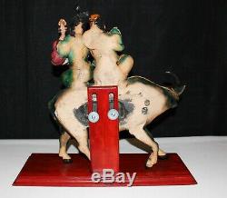 Antique Chinese Musical Couple on Bull Pottery Roof Tile Figure on Stand, Signed