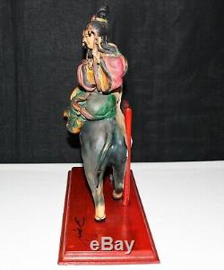 Antique Chinese Musical Couple on Bull Pottery Roof Tile Figure on Stand, Signed