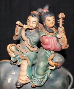 Antique Chinese Musical Couple on Bull Pottery Roof Tile Figure on Stand, Signed