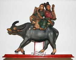 Antique Chinese Musical Couple on Bull Pottery Roof Tile Figure on Stand, Signed