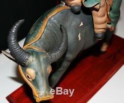 Antique Chinese Musical Couple on Bull Pottery Roof Tile Figure on Stand, Signed