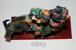 Antique Chinese Musical Couple on Bull Pottery Roof Tile Figure on Stand, Signed