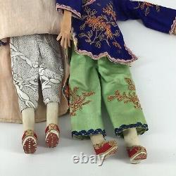 Antique Chinese Opera Doll Pair man Woman Signed neck Silk Embroidered