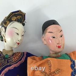Antique Chinese Opera Doll Pair man Woman Signed neck Silk Embroidered