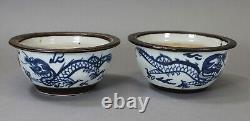 Antique Chinese Porcelain Pair Of Blue & White Dragon Bowls Signed 19th Century