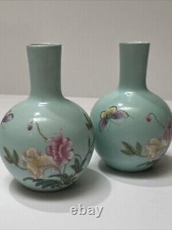 Antique Chinese Vase Scholar Art Fine Old Flower Butterfly Signed Vintage Pair