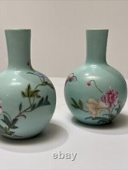 Antique Chinese Vase Scholar Art Fine Old Flower Butterfly Signed Vintage Pair