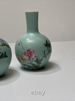 Antique Chinese Vase Scholar Art Fine Old Flower Butterfly Signed Vintage Pair