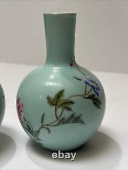 Antique Chinese Vase Scholar Art Fine Old Flower Butterfly Signed Vintage Pair