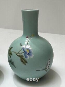 Antique Chinese Vase Scholar Art Fine Old Flower Butterfly Signed Vintage Pair