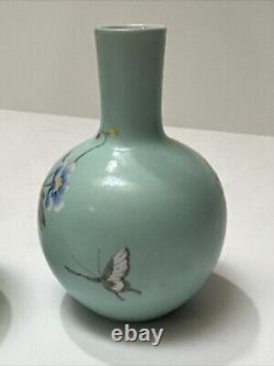 Antique Chinese Vase Scholar Art Fine Old Flower Butterfly Signed Vintage Pair