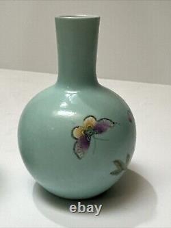 Antique Chinese Vase Scholar Art Fine Old Flower Butterfly Signed Vintage Pair