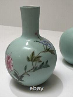 Antique Chinese Vase Scholar Art Fine Old Flower Butterfly Signed Vintage Pair